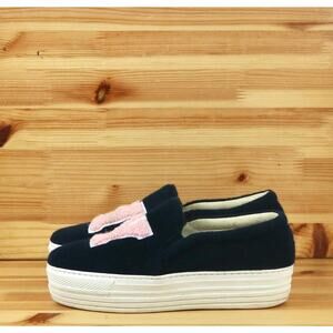 Joshua Sanders NY Felt Platform Slip Ons Black Leather Shoes Sz 36 Italy
